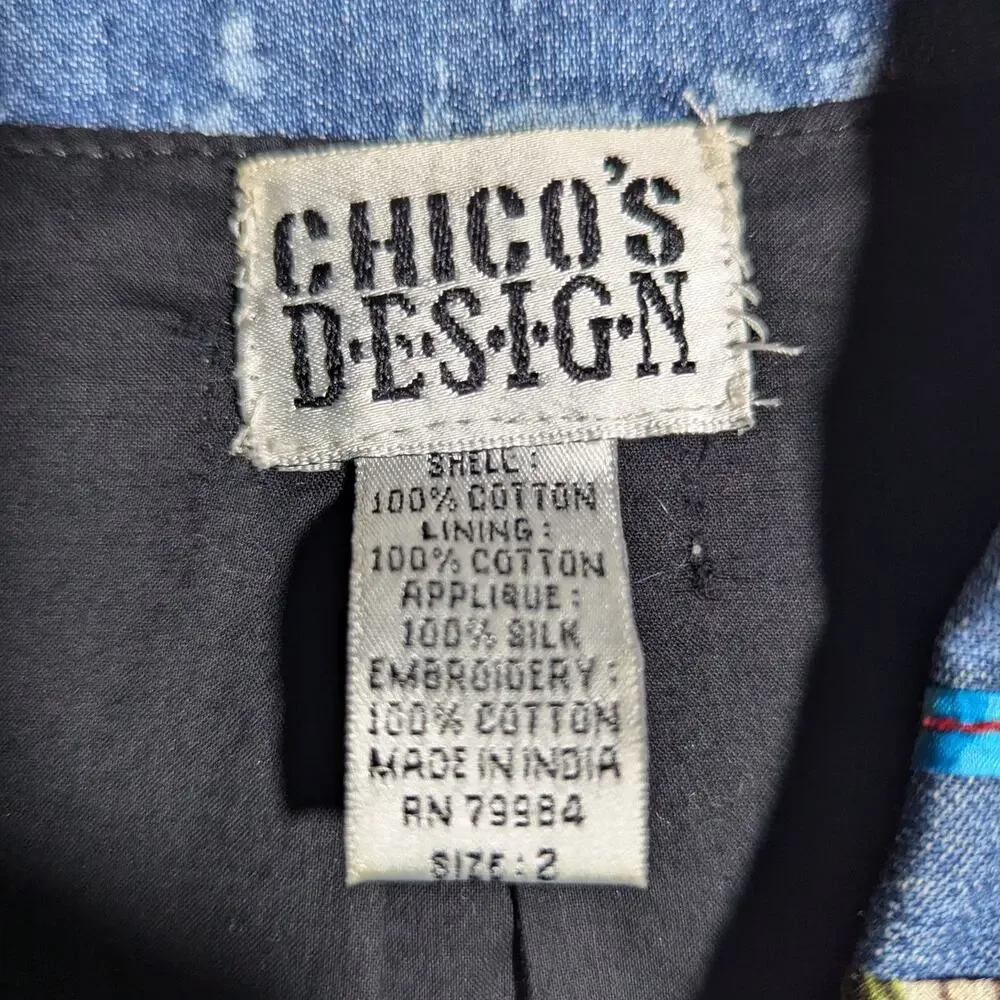 Vtg 1990s Chico's Design Blue Denim Silk Colorful Patchwork Button Up Jacket 2 L
